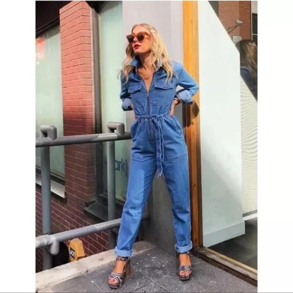 Topshop Blue Denim Utility Boiler Suit Zip-Up Belted Jumpsuit Women's Size 2